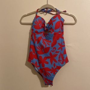 Boden Blue and Red Floral Halter One-Piece Swimsuit